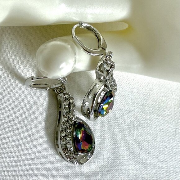 Rainbow Teardrop Crystal & Rhinestone Silver Tone Drop Earrings - Picture 3 of 9